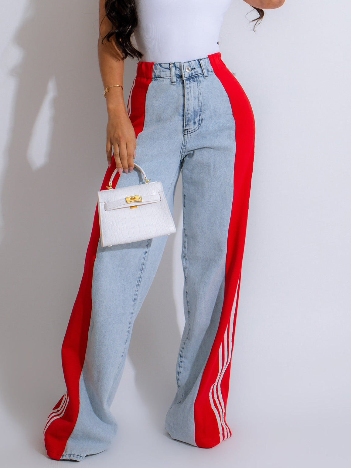 2025 Fashion Casual High Waist Elastic Straight Leg Trousers Three Stripe Patchwork Denim Wide Leg Pants Streetwear