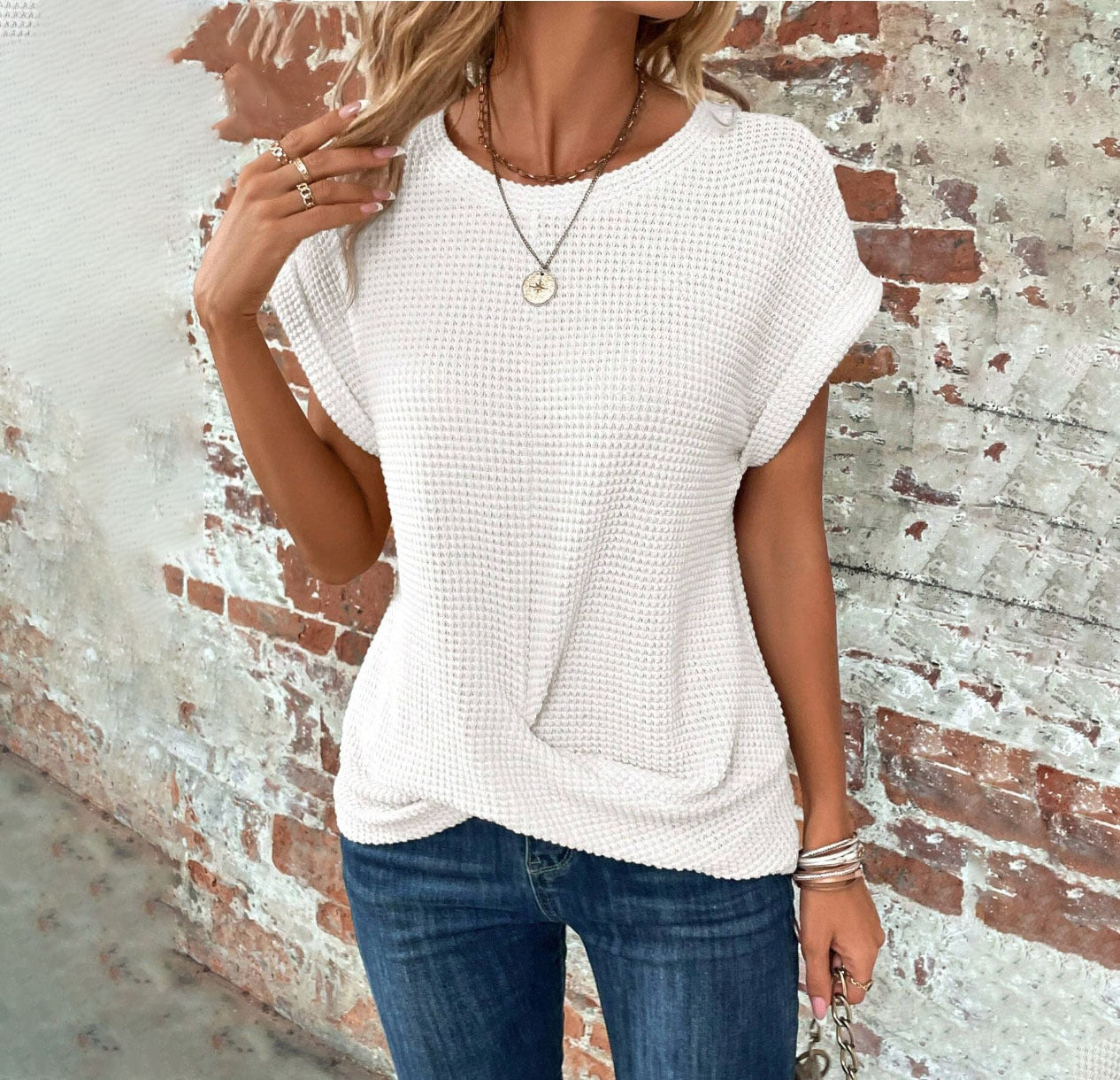 Short-sleeved Waffle T-shirt Summer New Solid Color Crew Neck Top for Women's Clothing