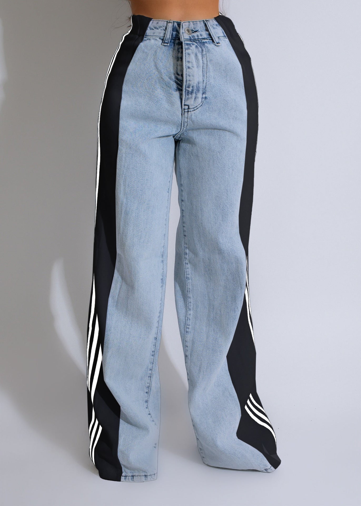 2025 Fashion Casual High Waist Elastic Straight Leg Trousers Three Stripe Patchwork Denim Wide Leg Pants Streetwear