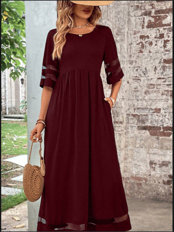 New Hot Sale Five-quarter Sleeve Mesh Patchwork Round Neck Pocket Dress