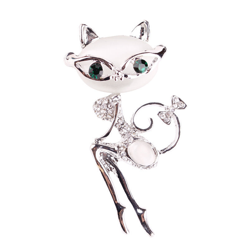 Cat Silver Brooches Rhinestone Jewelry