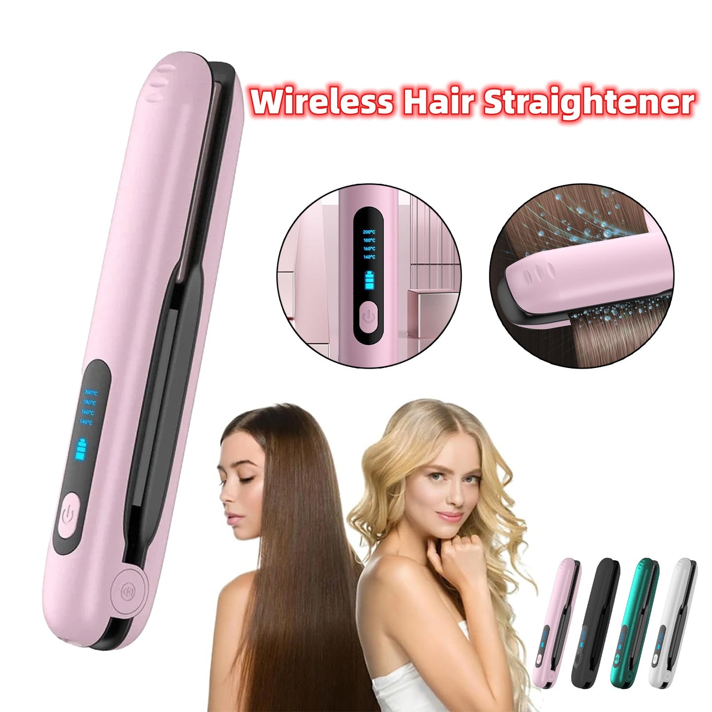 Wireless Hair Straightener Flat Iron Mini 2 IN 1 Roller USB 5000mAh Max 200 Degree Portable Cordless Curler 4 Levels Dry and Wet Uses