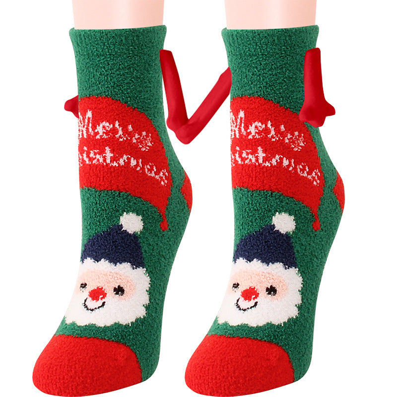 Christmas Supplies Magnetic Suction Hand in Hand Couple Socks Coral Fleece Tube Socks Warm Slipper Bed Socks Winter Soft Warm Slipper