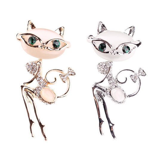 Cat Silver Brooches Rhinestone Jewelry