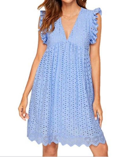 Lace Dresses with Pocket Summer Sleeveless Jacquard Cutout V-Neck Beach Dress