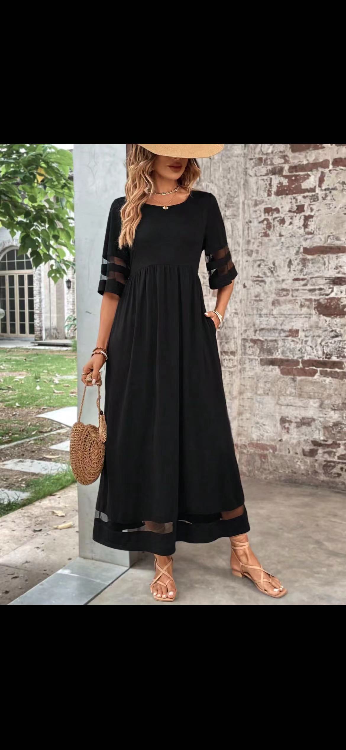 New Hot Sale Five-quarter Sleeve Mesh Patchwork Round Neck Pocket Dress