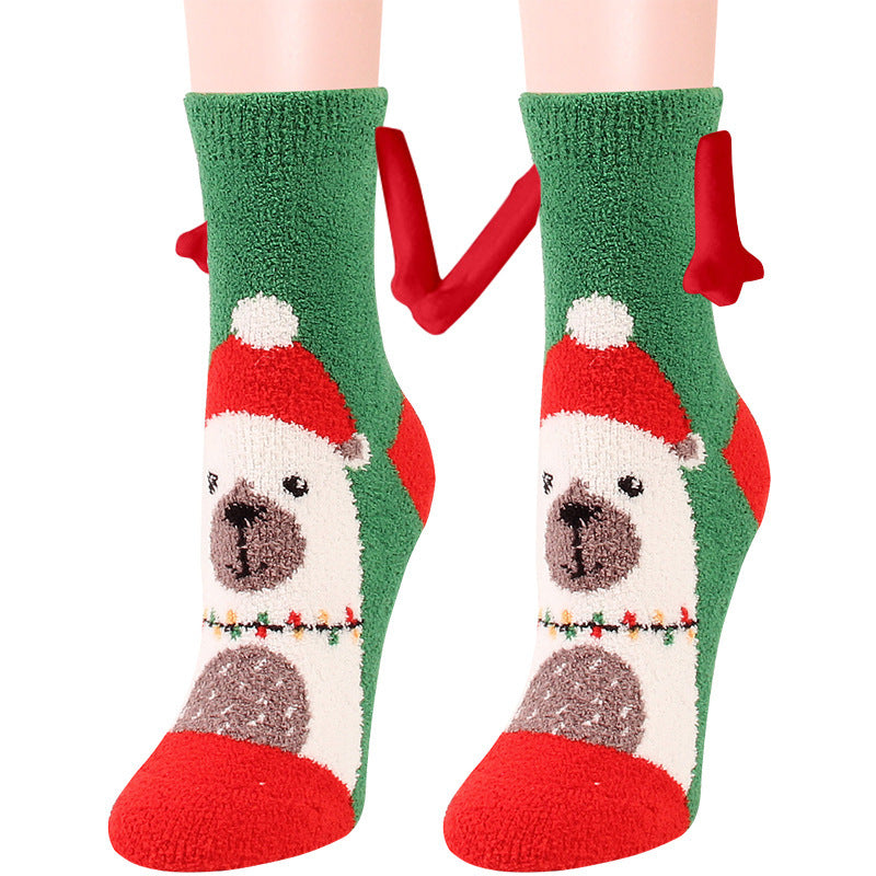 Christmas Supplies Magnetic Suction Hand in Hand Couple Socks Coral Fleece Tube Socks Warm Slipper Bed Socks Winter Soft Warm Slipper