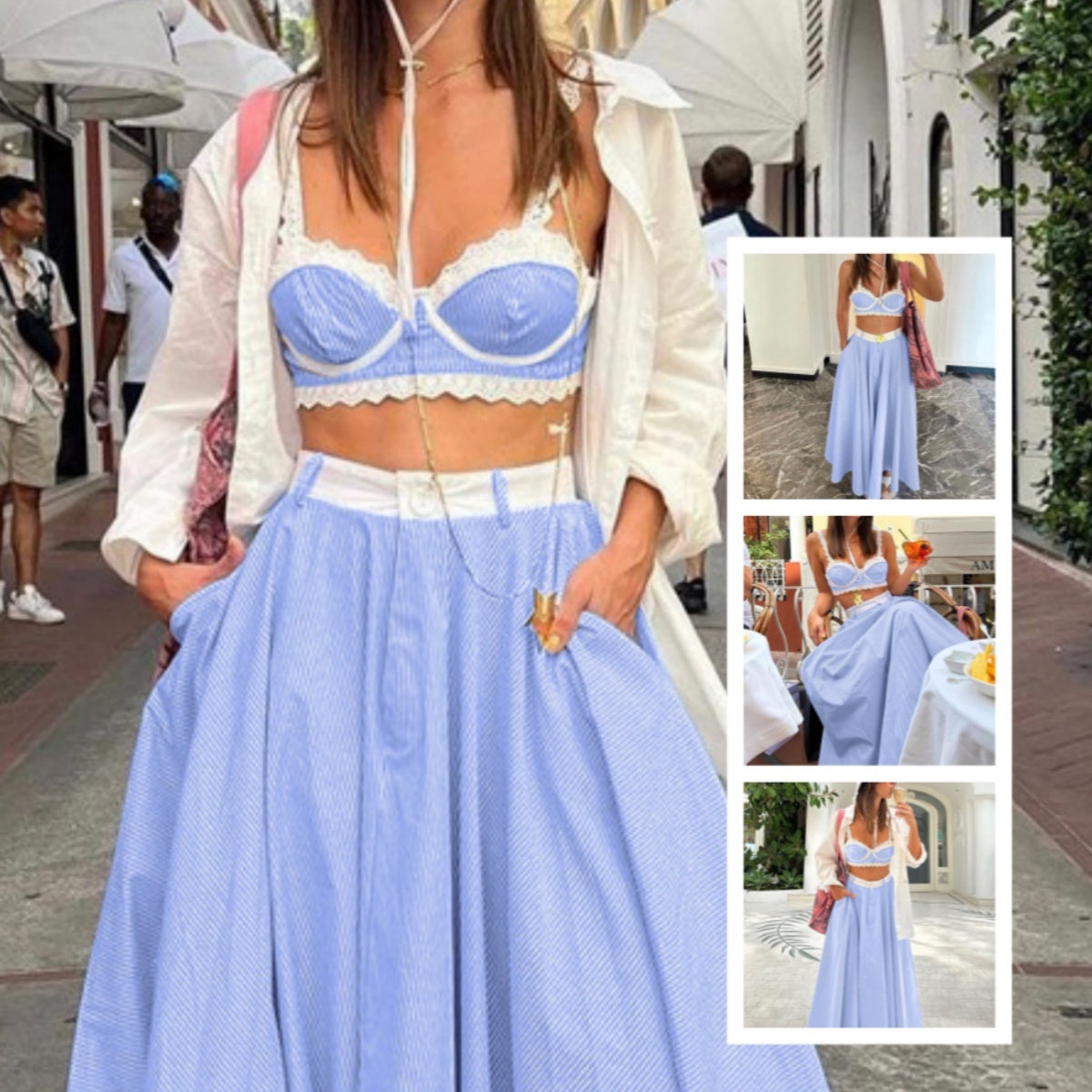 2 Pieces Lace Splicing Sling Vest High Waist Big Swing Skirt Fashion Blue Print Sets Spaghetti Strap Lace Bra And High Waisted Loose Pleated Skirts Sets