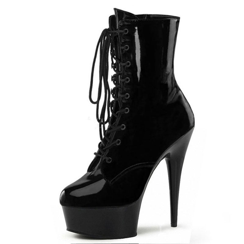 Lace-Up Low Boots Black Pole Dance Plus Size Waterproof High Heels