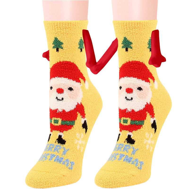 Christmas Supplies Magnetic Suction Hand in Hand Couple Socks Coral Fleece Tube Socks Warm Slipper Bed Socks Winter Soft Warm Slipper