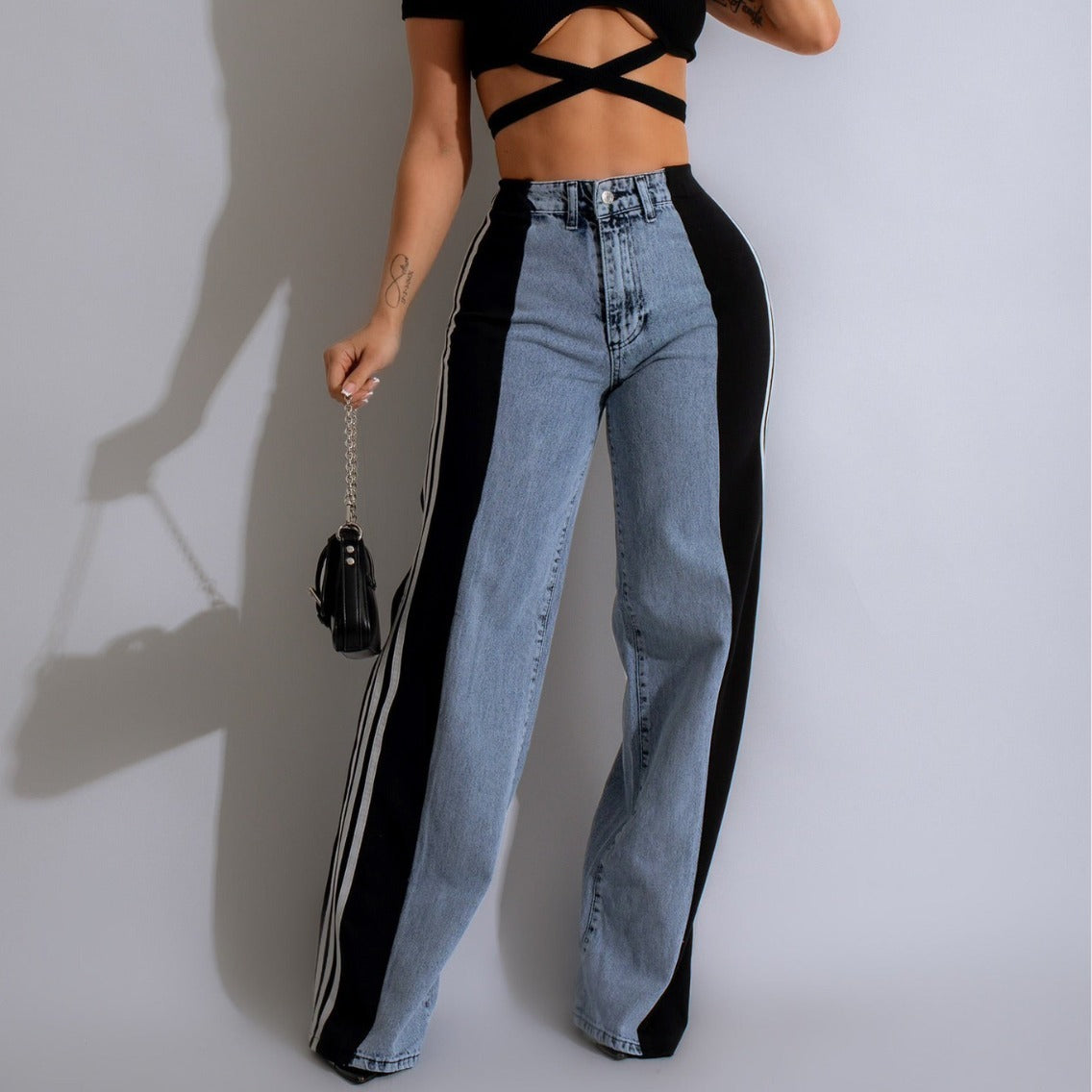 2025 Fashion Casual High Waist Elastic Straight Leg Trousers Three Stripe Patchwork Denim Wide Leg Pants Streetwear