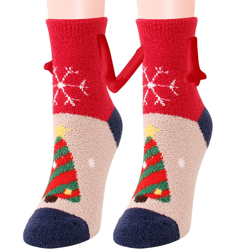 Christmas Supplies Magnetic Suction Hand in Hand Couple Socks Coral Fleece Tube Socks Warm Slipper Bed Socks Winter Soft Warm Slipper