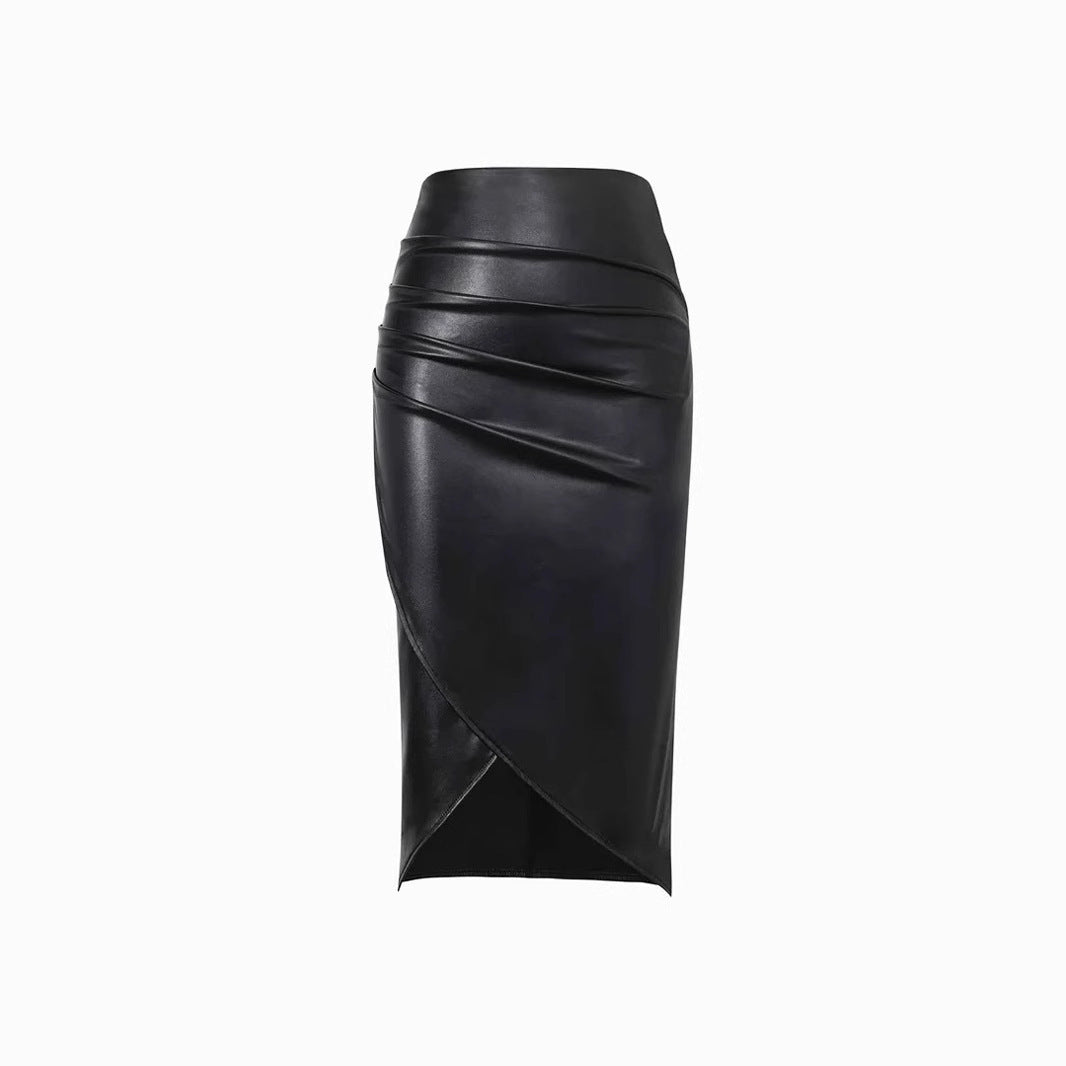 Split Leather Skirt Leather High Waist Sheath Skirt