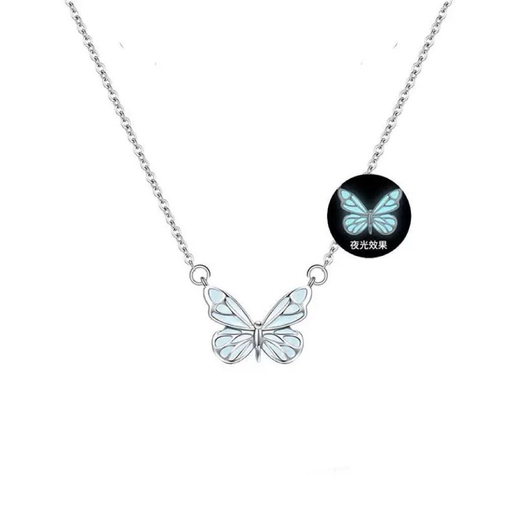 Fashion Blue Luminous Butterfly Necklace Bracelet Set For Glow In The Dark Women Clavicle Chain Choker Party Jewelry Set Gift