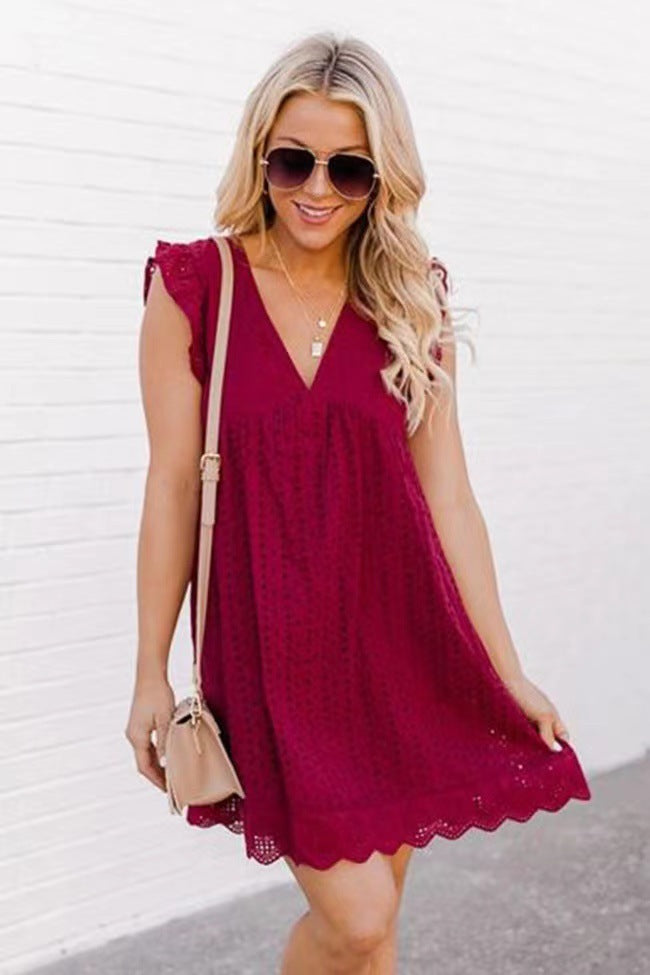 Lace Dresses with Pocket Summer Sleeveless Jacquard Cutout V-Neck Beach Dress