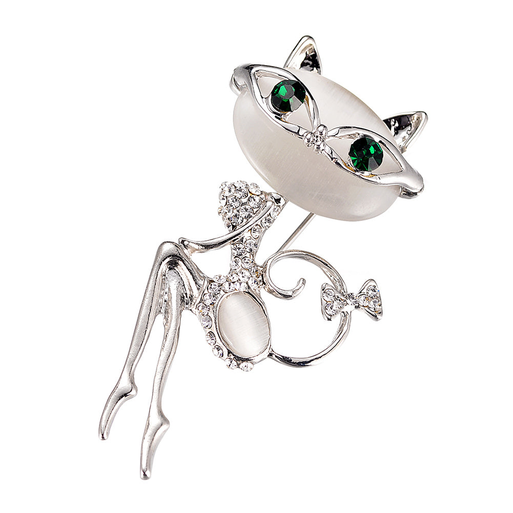 Cat Silver Brooches Rhinestone Jewelry