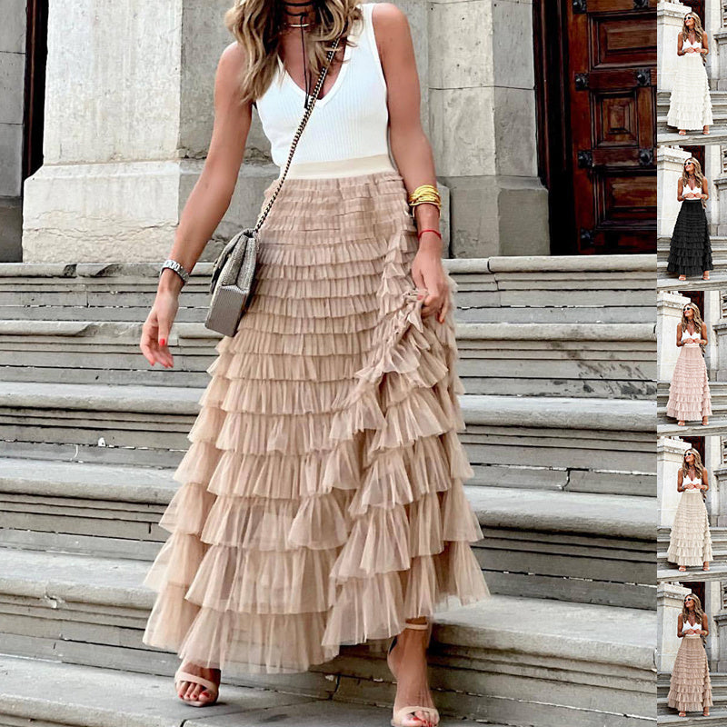 Layered Ruffles Cake Skirt Summer Fashion A Line Swing Mesh Long Skirt Party Dress Women