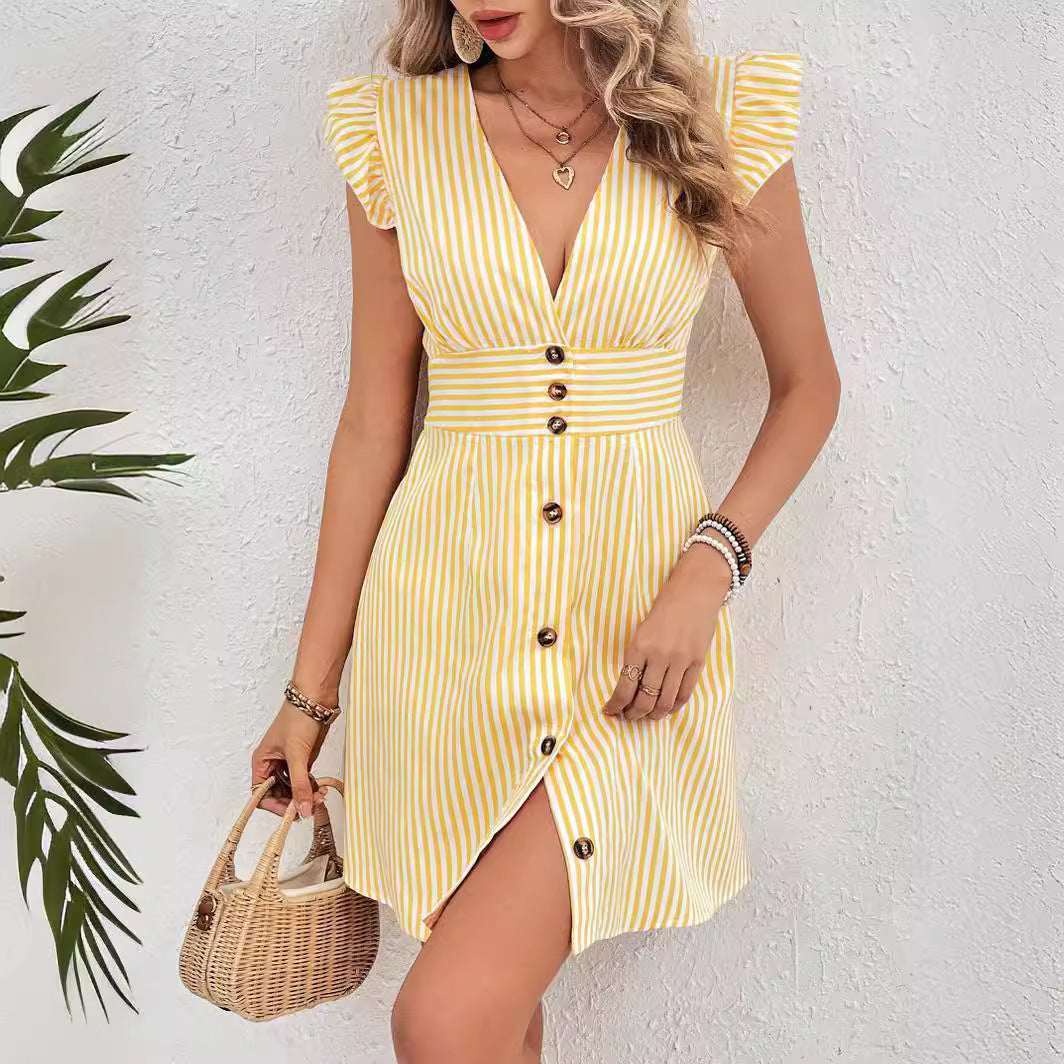 Summer V-neck Single-breasted Fly-sleeve Women's Shirt Dresses with Elegant Splicing Stripe Printing Beach Style Dress