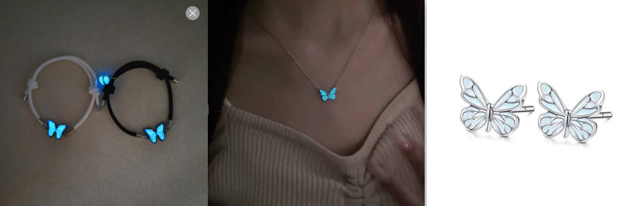 Fashion Blue Luminous Butterfly Necklace Bracelet Set For Glow In The Dark Women Clavicle Chain Choker Party Jewelry Set Gift