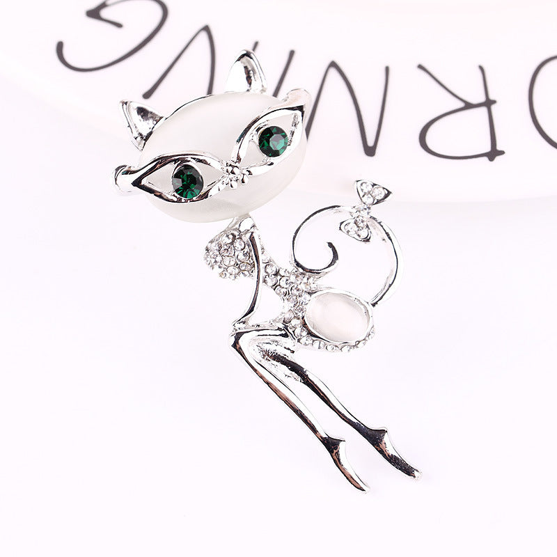 Cat Silver Brooches Rhinestone Jewelry