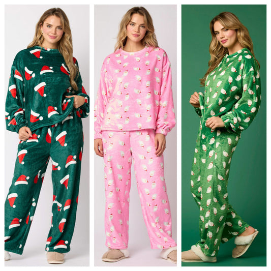 2025 Casual Flannel Pajama Sets for Women 2 Piece Cute Long Sleeve Matching Lounge Shirts Sets Santa Claus Pajamas Homewear