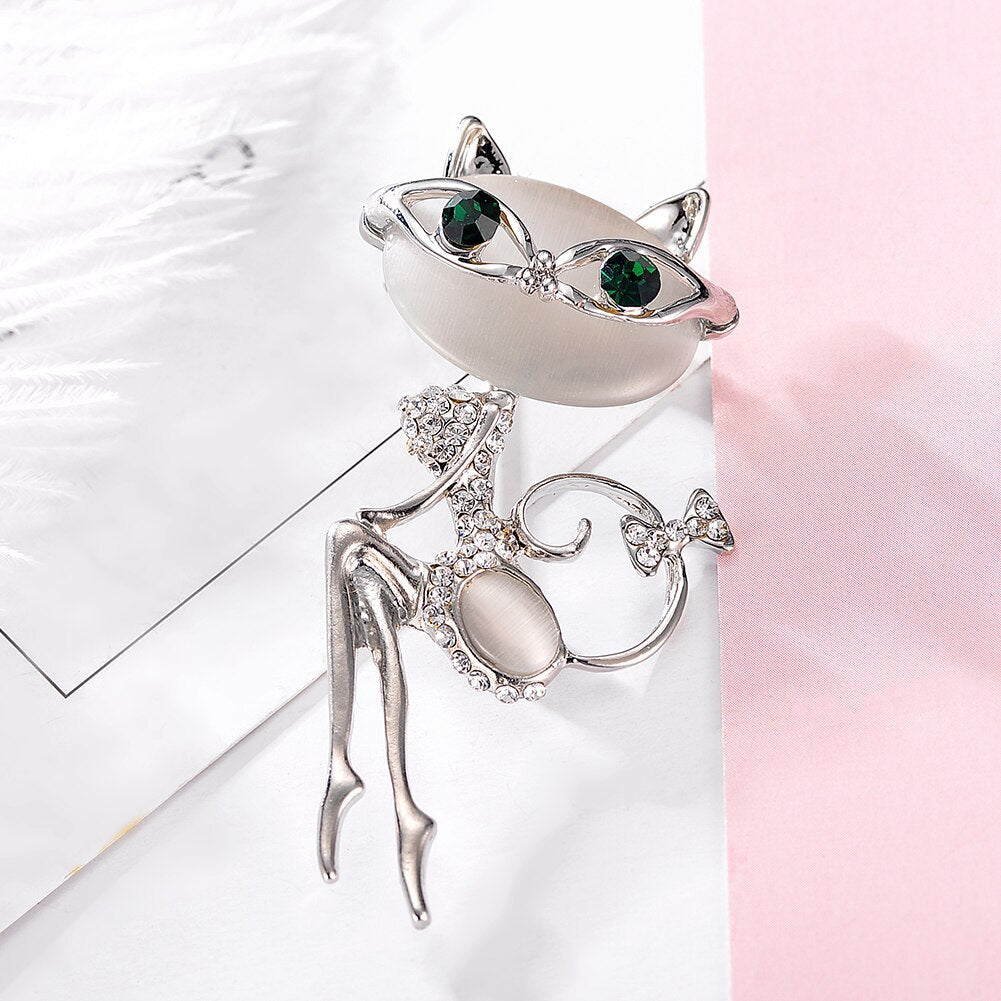 Cat Silver Brooches Rhinestone Jewelry