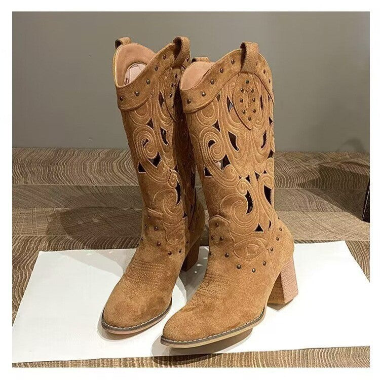 Fashion Middle Chunky Heel V Cut Embroidery Hollow Out Western Cowboy Boot