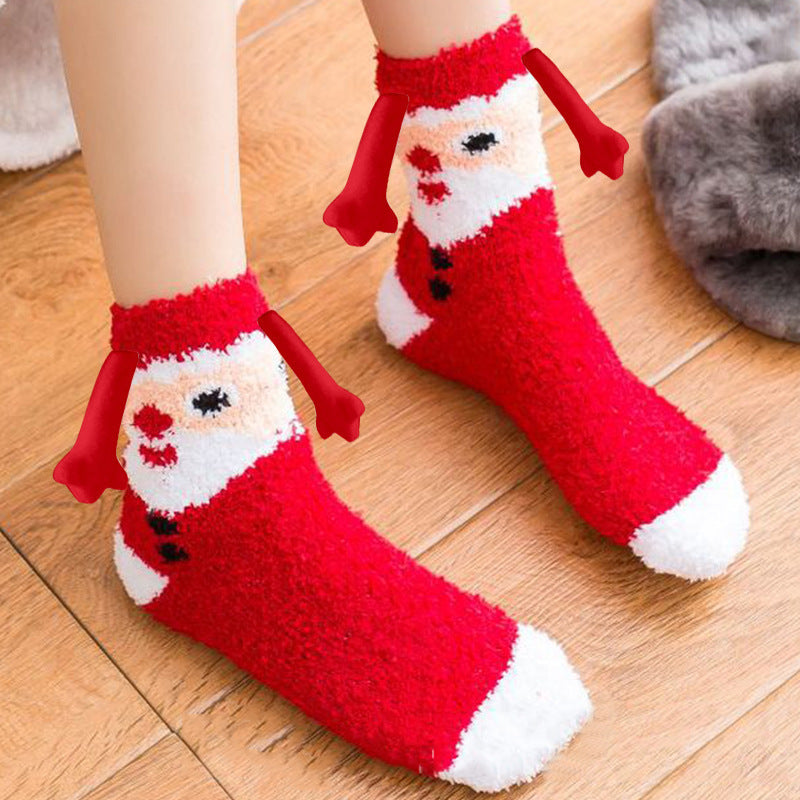 Christmas Supplies Magnetic Suction Hand in Hand Couple Socks Coral Fleece Tube Socks Warm Slipper Bed Socks Winter Soft Warm Slipper