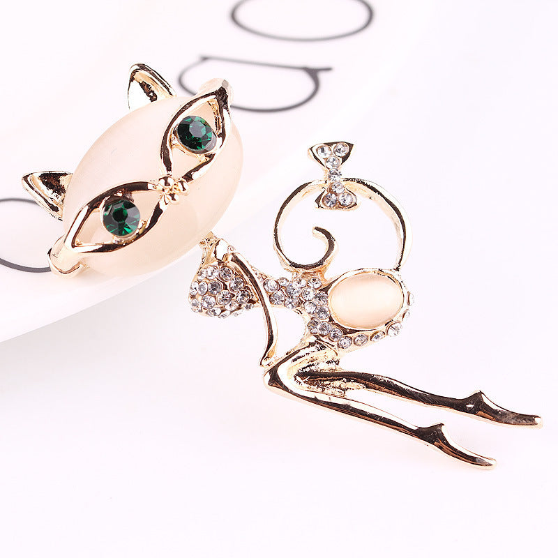 Cat Silver Brooches Rhinestone Jewelry