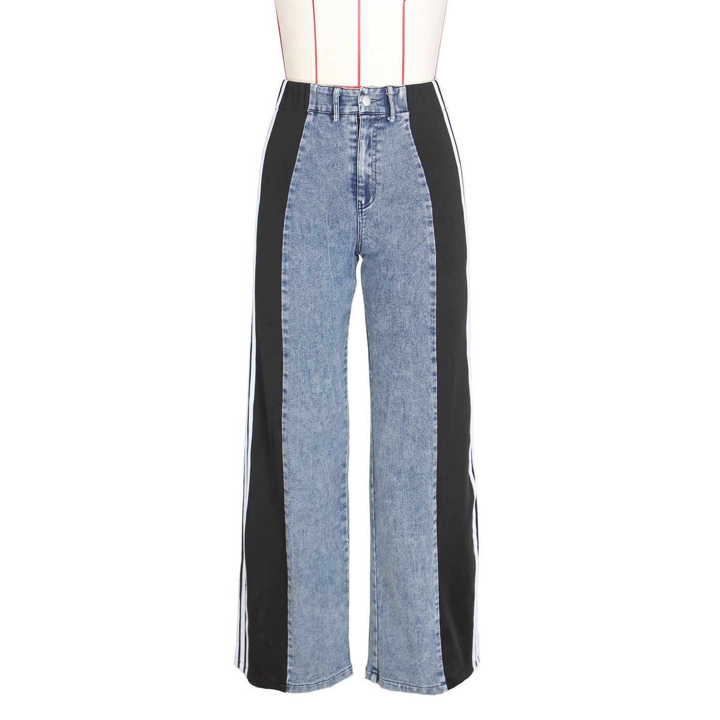 2025 Fashion Casual High Waist Elastic Straight Leg Trousers Three Stripe Patchwork Denim Wide Leg Pants Streetwear