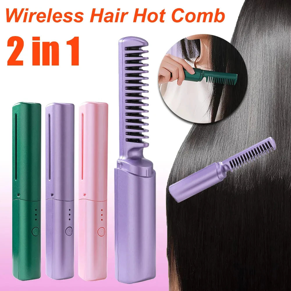 Professional Wireless Hair Straightener Curler Comb Fast Heating Negative Iron Straightening Curling Brush Hair Styling Tools