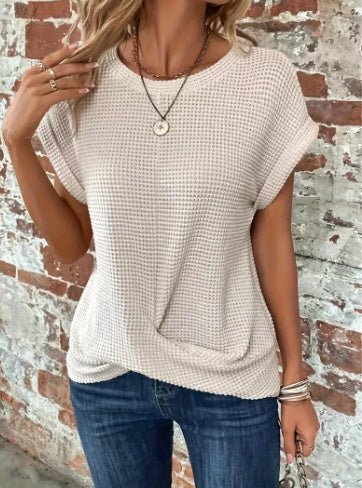 Short-sleeved Waffle T-shirt Summer New Solid Color Crew Neck Top for Women's Clothing