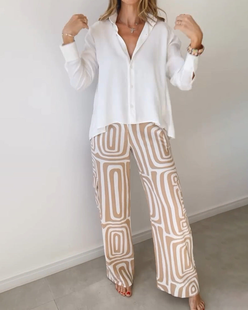 Women's Casual Long-sleeved Lapel Shirt Printed Wide-leg Pants Suit