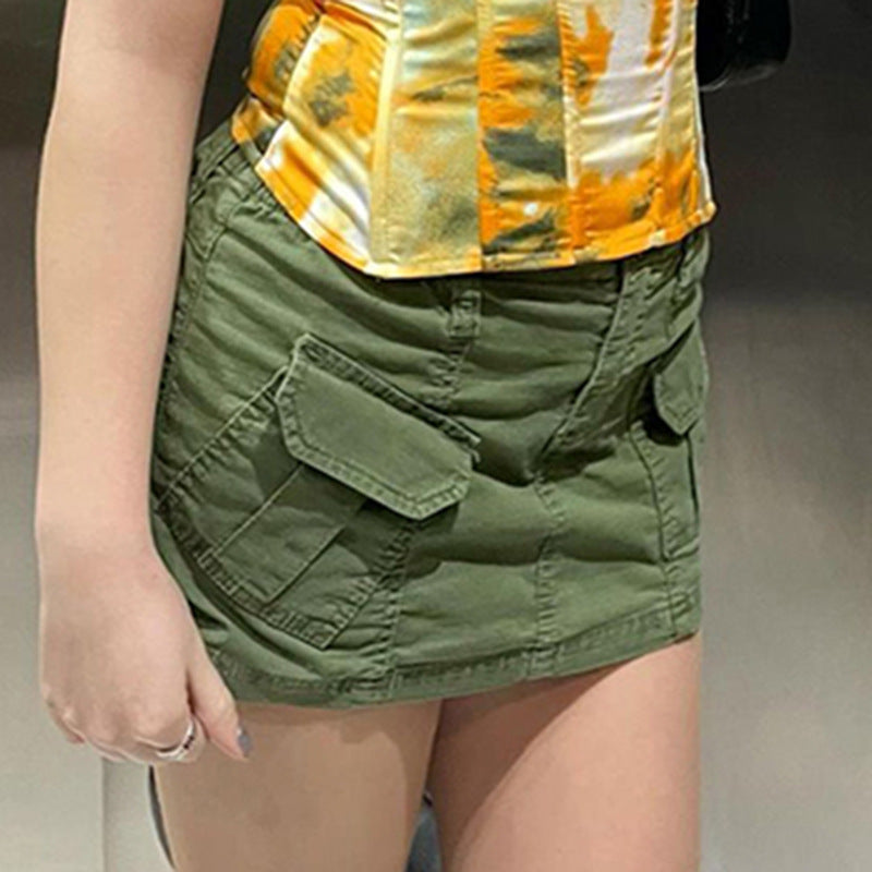 Simple Tooling Style Pocket Stitching Army Green Woven Skirt Hot Girl A- Line Skirt Summer