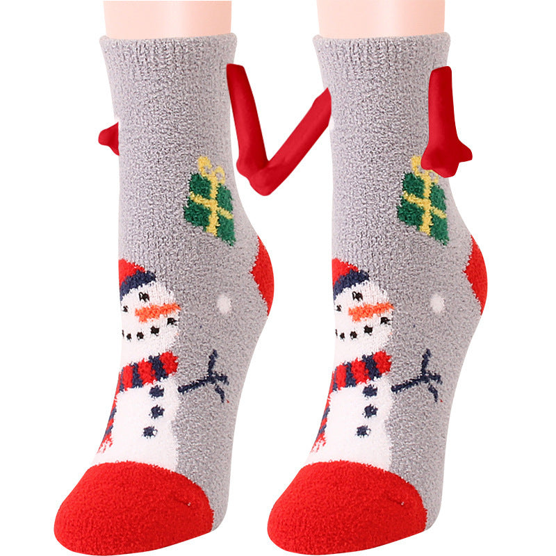 Christmas Supplies Magnetic Suction Hand in Hand Couple Socks Coral Fleece Tube Socks Warm Slipper Bed Socks Winter Soft Warm Slipper