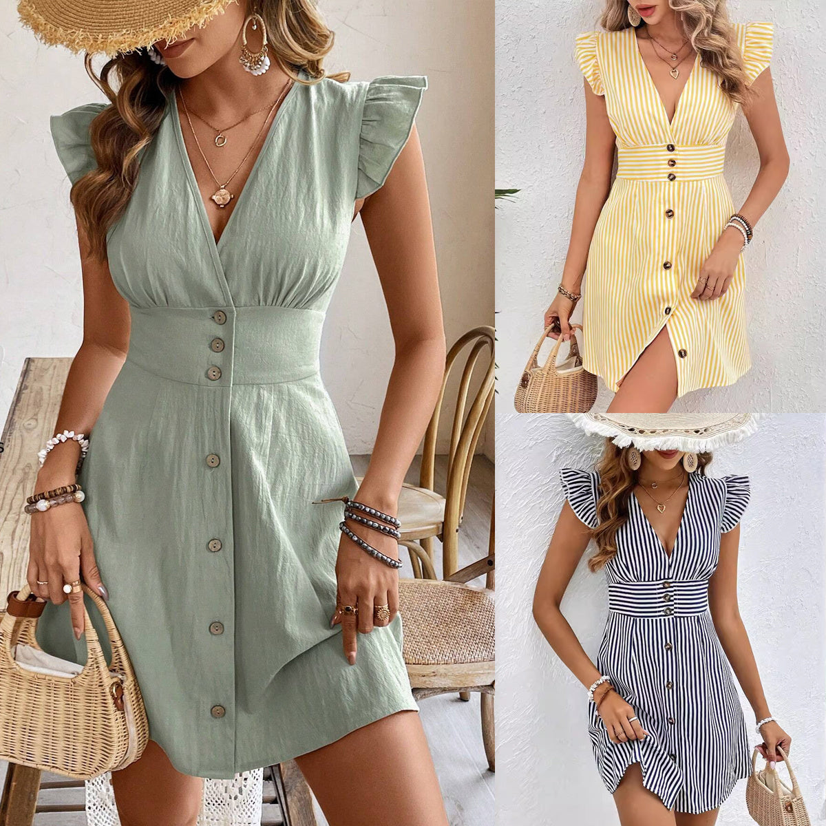 Summer V-neck Single-breasted Fly-sleeve Women's Shirt Dresses with Elegant Splicing Stripe Printing Beach Style Dress