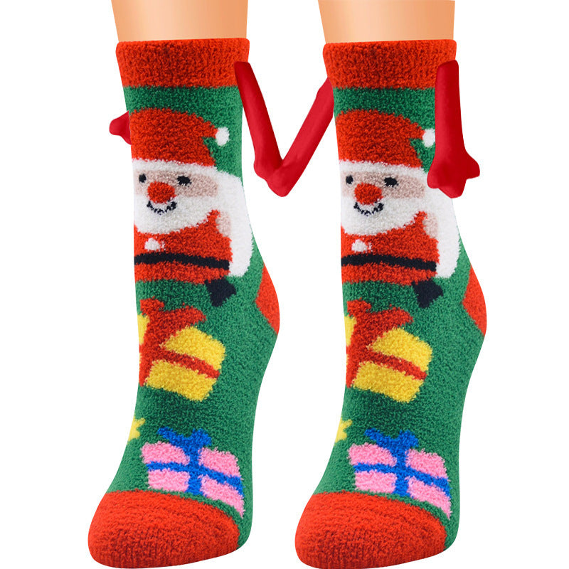 Christmas Supplies Magnetic Suction Hand in Hand Couple Socks Coral Fleece Tube Socks Warm Slipper Bed Socks Winter Soft Warm Slipper