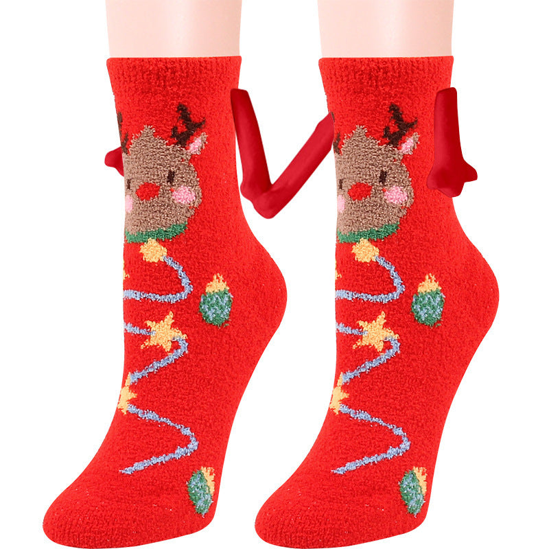 Christmas Supplies Magnetic Suction Hand in Hand Couple Socks Coral Fleece Tube Socks Warm Slipper Bed Socks Winter Soft Warm Slipper