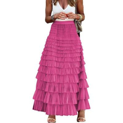 Layered Ruffles Cake Skirt Summer Fashion A Line Swing Mesh Long Skirt Party Dress Women