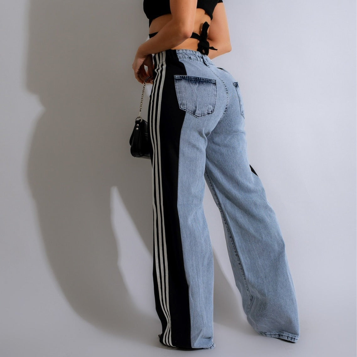 2025 Fashion Casual High Waist Elastic Straight Leg Trousers Three Stripe Patchwork Denim Wide Leg Pants Streetwear