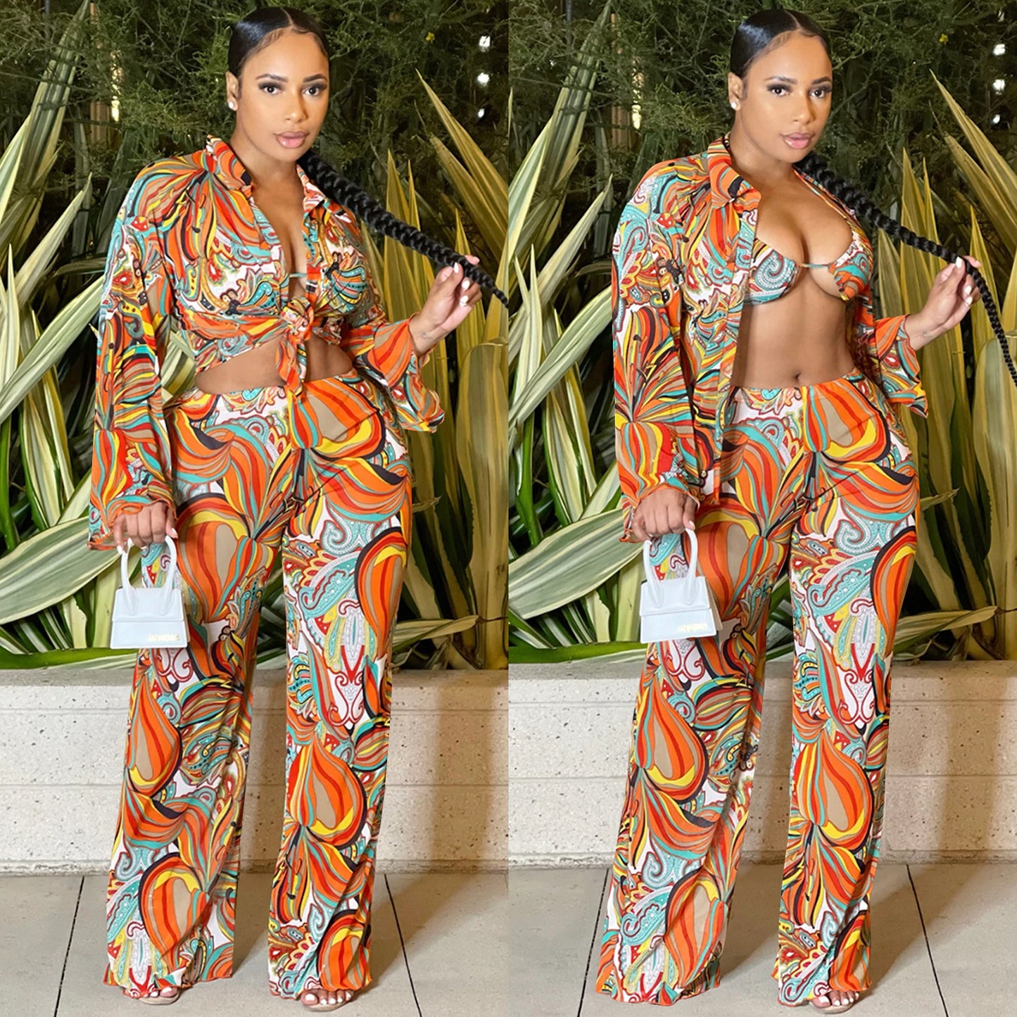 Sexy Mesh Sheer Print Long Sleeve Three Piece pants suit