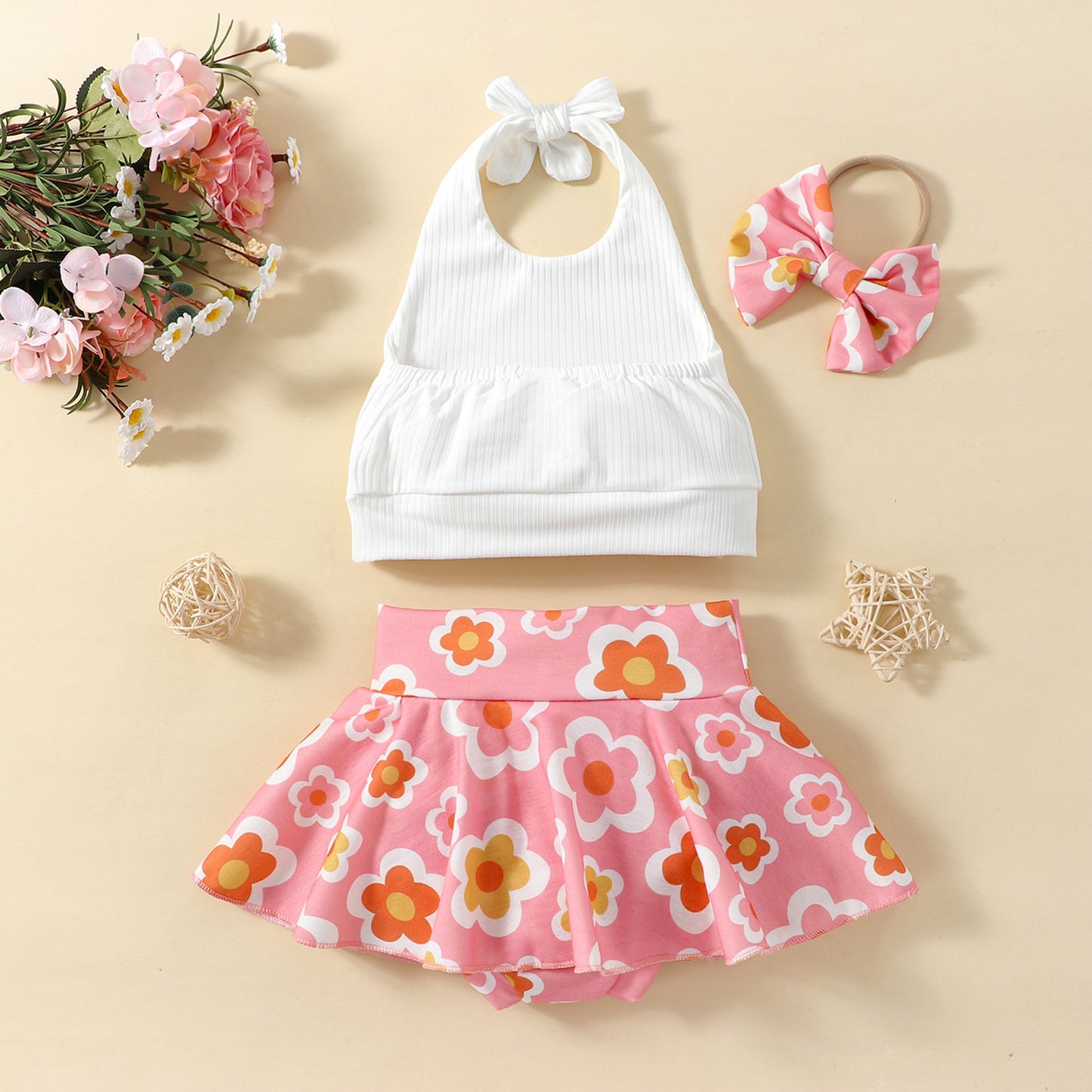 Ins Girls' New Solid Color Sling Top Flower Skort Suit