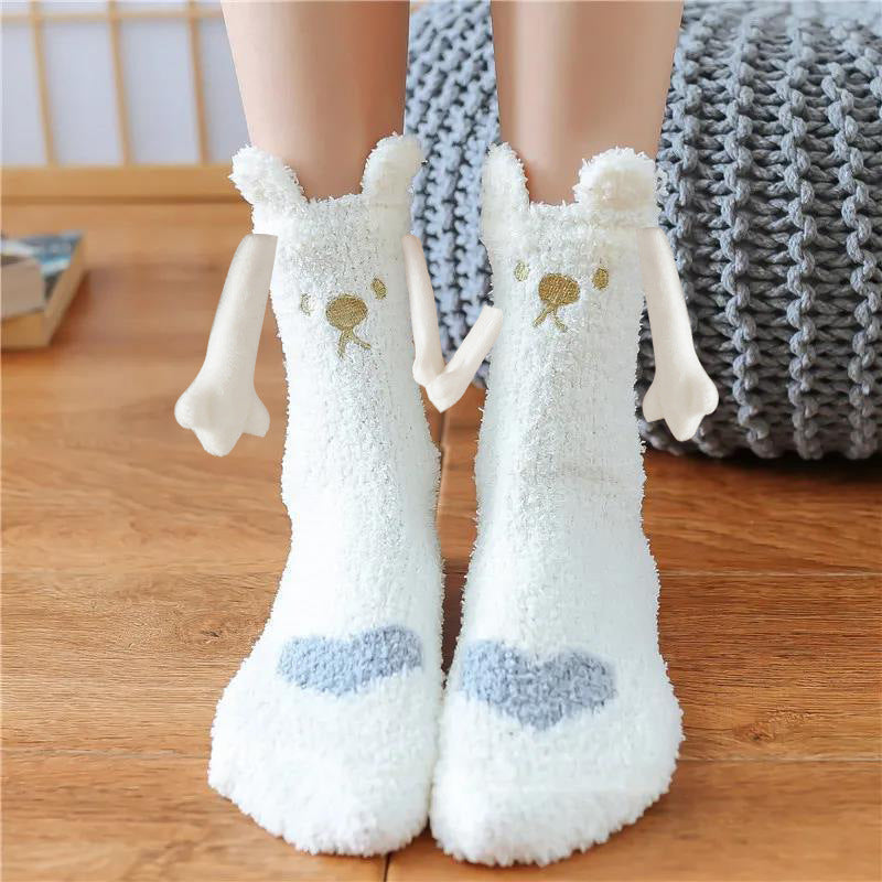 Christmas Supplies Magnetic Suction Hand in Hand Couple Socks Coral Fleece Tube Socks Warm Slipper Bed Socks Winter Soft Warm Slipper