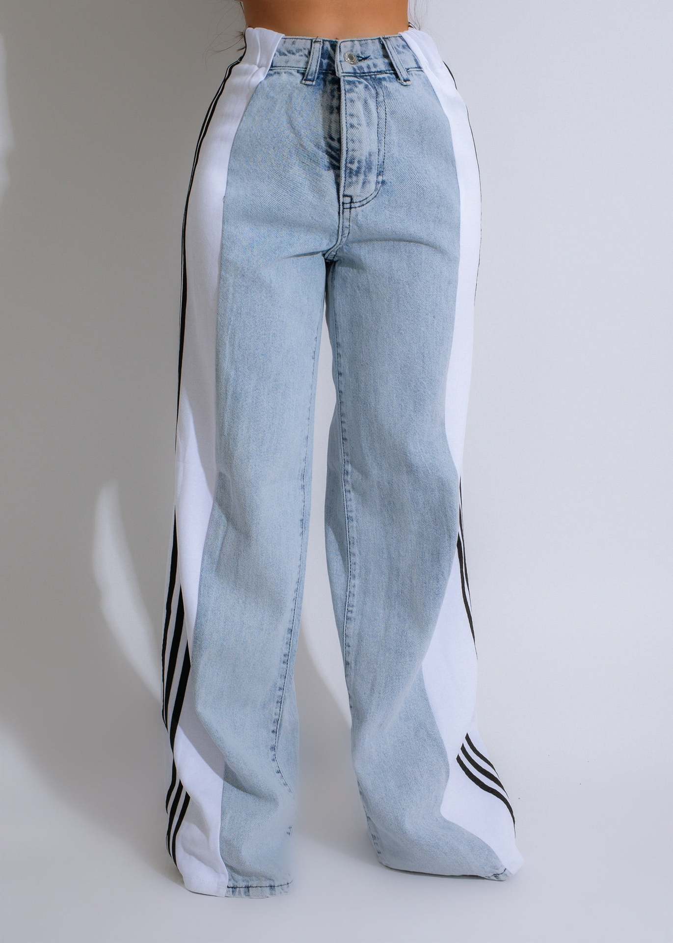 2025 Fashion Casual High Waist Elastic Straight Leg Trousers Three Stripe Patchwork Denim Wide Leg Pants Streetwear