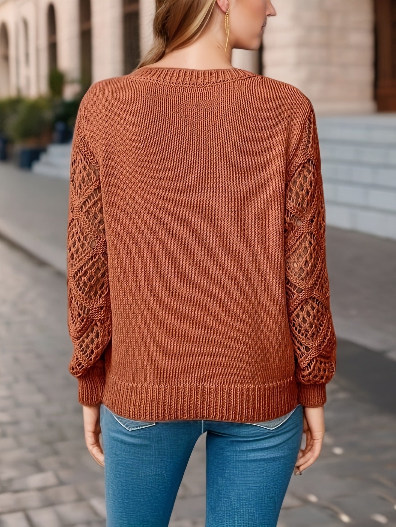 Loose Hollow Knitted Sweater Long-sleeved Pullover V-neck Top Women's Clothing