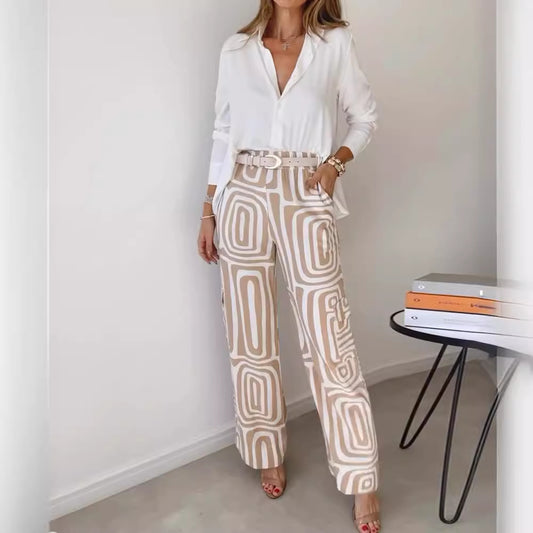 Women's Casual Long-sleeved Lapel Shirt Printed Wide-leg Pants Suit