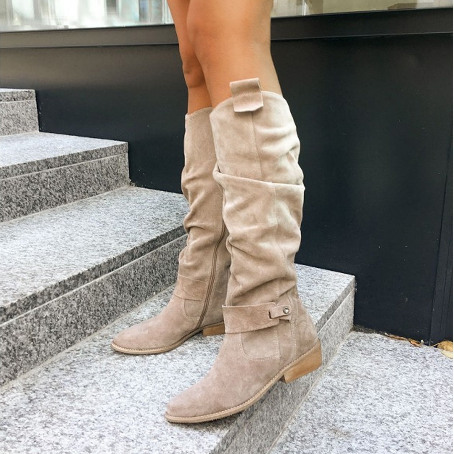 Autumn And Winter Low Heel Side Zipper Suede Women's High Boots